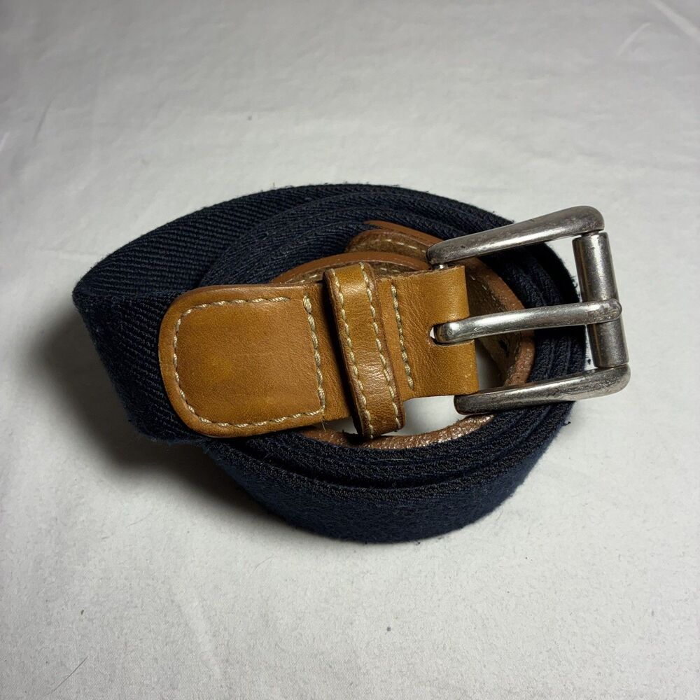 LL Bean VTG Classic Heritage Web Belt Navy Canvas Leather Brass Buckle Mens 48